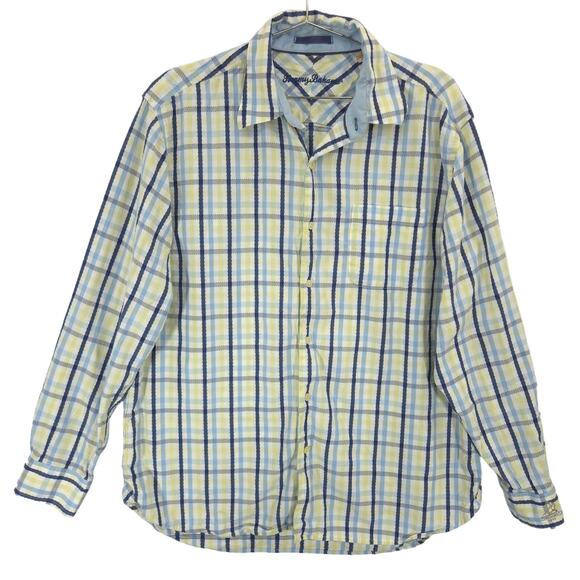 Tommy Bahama Shirt Mens L Blue Yellow Plaid Pinehurst Putter Boy Cuff Button Up - Picture 1 of 11
